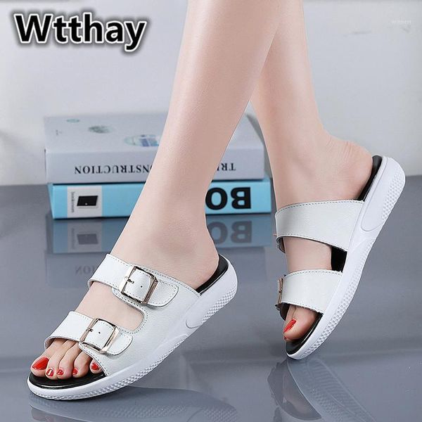

2020 new women summer slippers buckle genuine leather shoes solid thick sole open toe beach sandals women outside flip flops1, Black