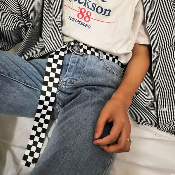 

women women canvas plaid belt female checkerboard belt casual waist black white checkered double d ring buckle long belts 357, Black;brown