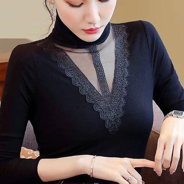 

women's blouses & shirts 2021 women autumn long sleeve mesh lace patchwork blouse female korean warm plus velvet turtleneck z23, White