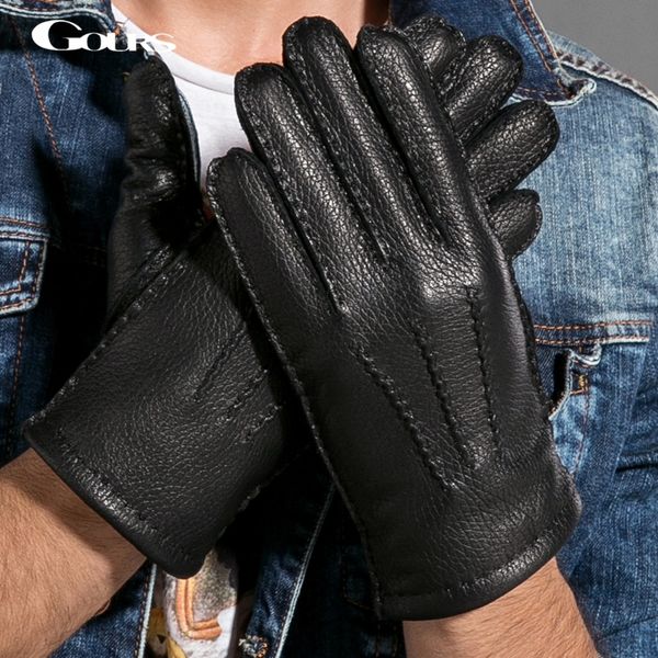 

gours winter men genuine leather gloves new fashion brand deerskin mittens black plus velvet warm fashion driving gsm025 y200110, Blue;gray