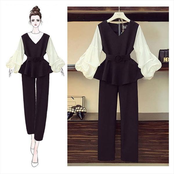 

2021 spring autumn korean women v neck sashes slim shirt calf length pencil pant suit female plus size 4xl outfit sets, Gray