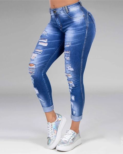 

плюс размер ripped проблемные узкие джинсы, Blue