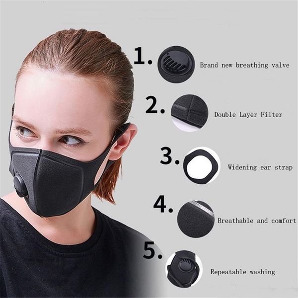 

breathing black anti dust mask with valve pm2.5 filters protective face mouth cotton masks respirator washable reusable