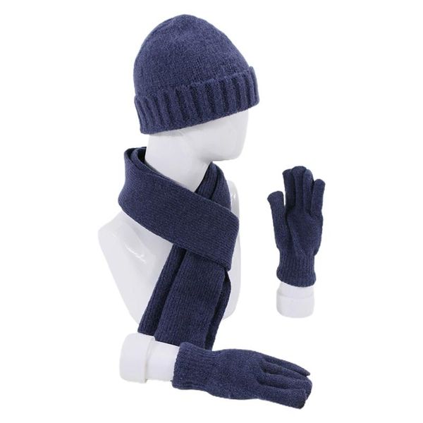 

winter 3pcs beanie hat long scarf gloves set solid color knitted warmer, Blue;gray