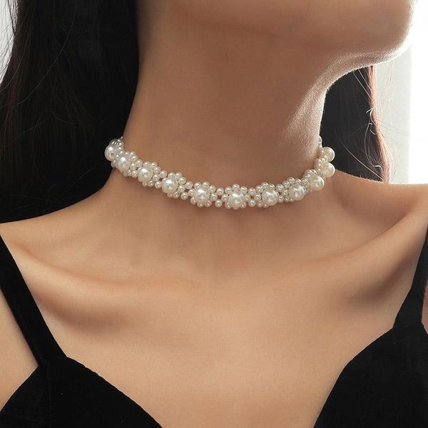 

chokers trendy female handmade beaded flower necklaces for women style fashion white simulated pearl necklace jewelry gifts, Golden;silver