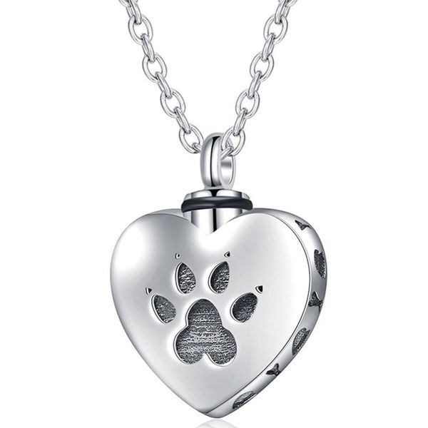 

RIR Pet Cremation Urn Pendant Necklace Love Heart Shape Claw Print Cremation Ashed Urn Necklace Keepsake Ashes Box Dropship, Silver
