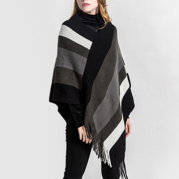 

женщина свитер осень зима для леди женщины нашивки одеяла крупногабаритного шотландка coat wrap плед cozy шаль шарфы пальто # t1g, Blue;gray