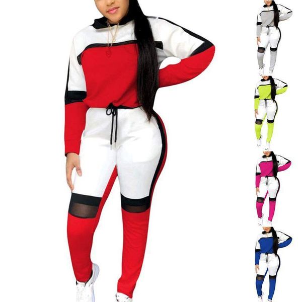 

women tracksuits drawstring patchwork hoodies pant set sportwear two peices set autumn mesh tracksuits outwear outfits for women1, Gray