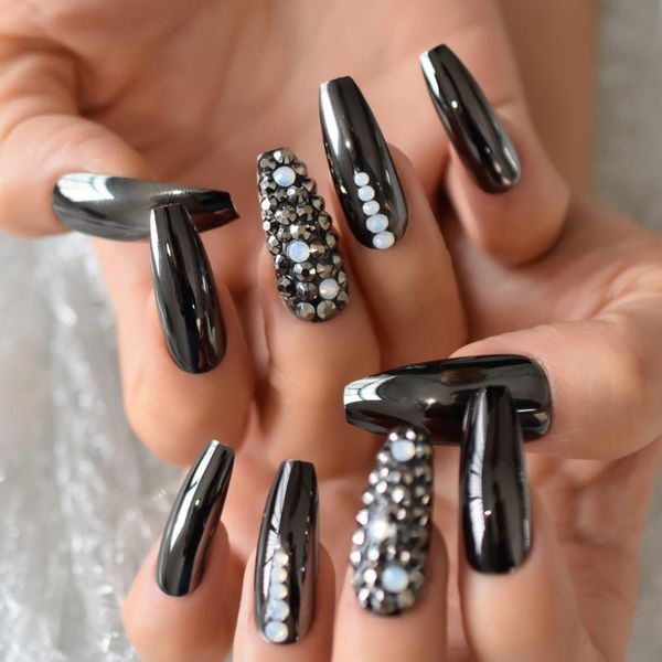 

gun black press on nails long customized rhinestone coffin fake nail shiny pre-designed artificial fingernails, Red;gold