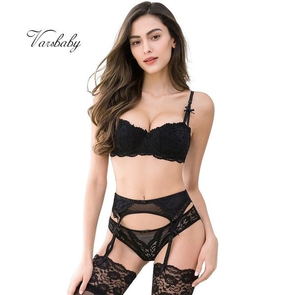 

varsbaby lace push up underwear set half cup bra+panties+garter+stockings 4 pcs for women y200708, Red;black