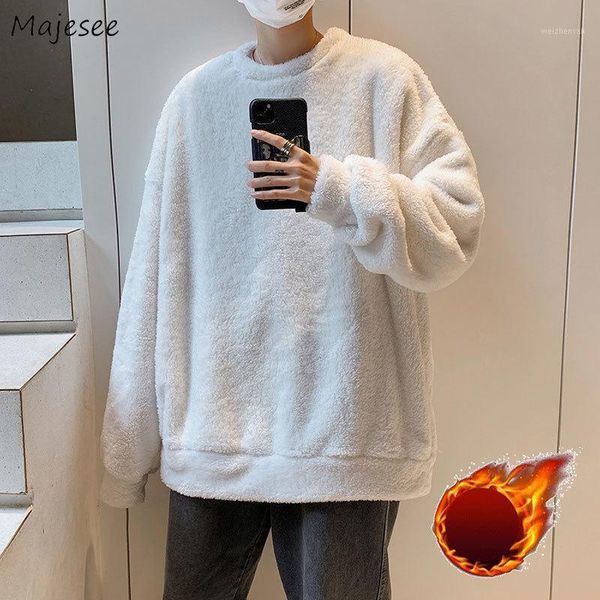 

men pullovers lambswool plus velvet thicken warm soft o-neck all-match casual loose simple solid daily harajuku streetwear male1, White;black