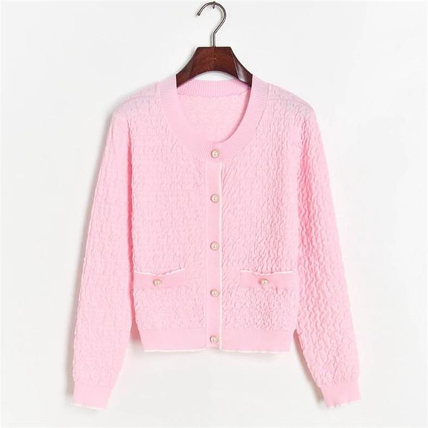 

2021 new sweaters fashion pearl buckle crinkled kint cardigan around the neck long sleeve pink jumpers contrast blouses snew, White;black