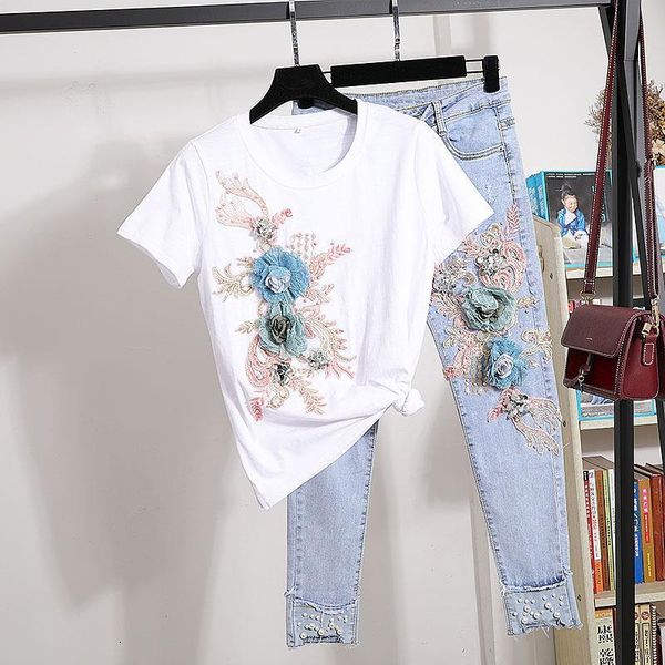 

women 2020 new 2pcs summer stylish embroidery 3d flower short sleeved tshirt+heavy work jeans rippered hole denim pants suit t19, Gray