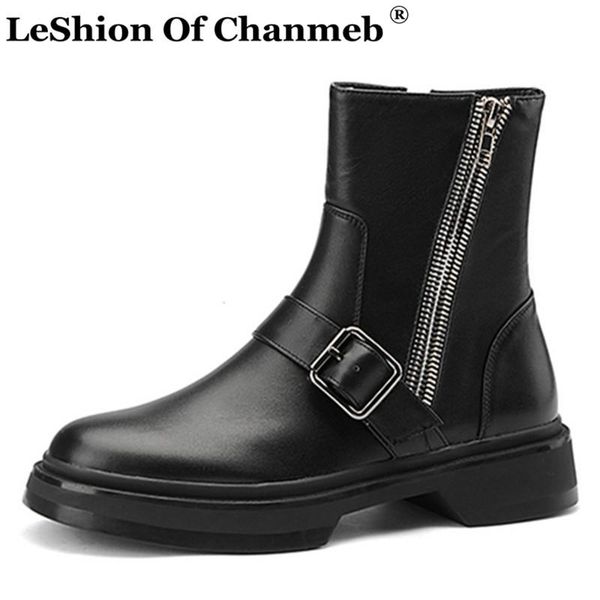 

handmade genuine leather combat boots women 2021 autumn winter zipper metal buckle short boots female booties 34-43, Black