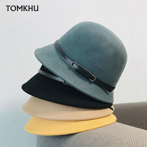 

wool felt hat bowler hat for women retro soft warm bucket winter belt ladies plain cloche casual cap, Blue;gray
