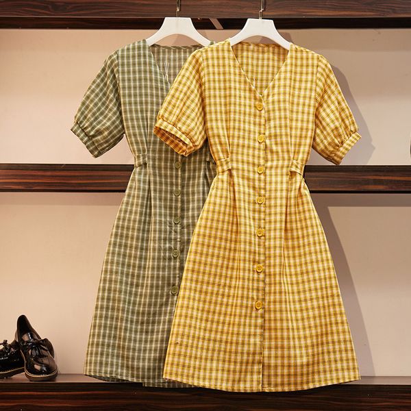 

2021 new summer women's dresses new vintage plaid v-neck short sleeve plus size 4xl sundress female office dress vestidos j295 yrqv, Black;gray