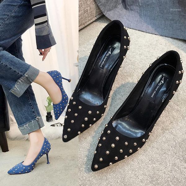 

women's pumps metal suede viscose shoes rubber europe and america metal rivet 7cm high heels shoes1, Black