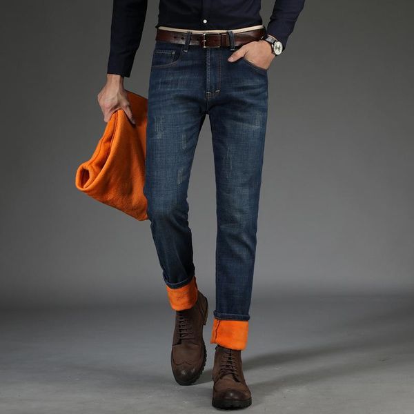 

men's jeans 2021 mens winter denim pants thick fleece stretch warm for men designer slim fit black blue
