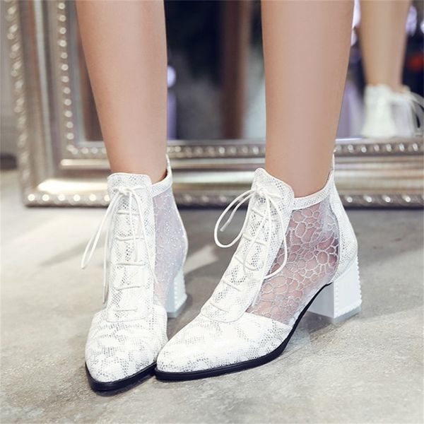 

asileto elegant white summer boots pointed toe thick heels mesh cut out lace up shoes woman casual cross tied bottes footwear y200723, Black