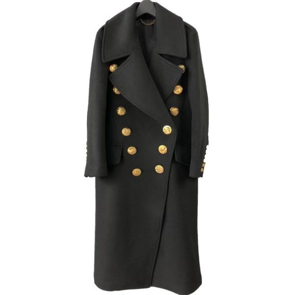 

coat women's buttons double breasted long wool coat overcoat, Black