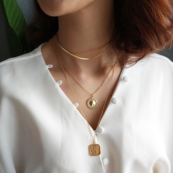 

925 sterling silver heart geometric necklace gold round glossy surface square card rose flowers pendant necklace for women gift q0531