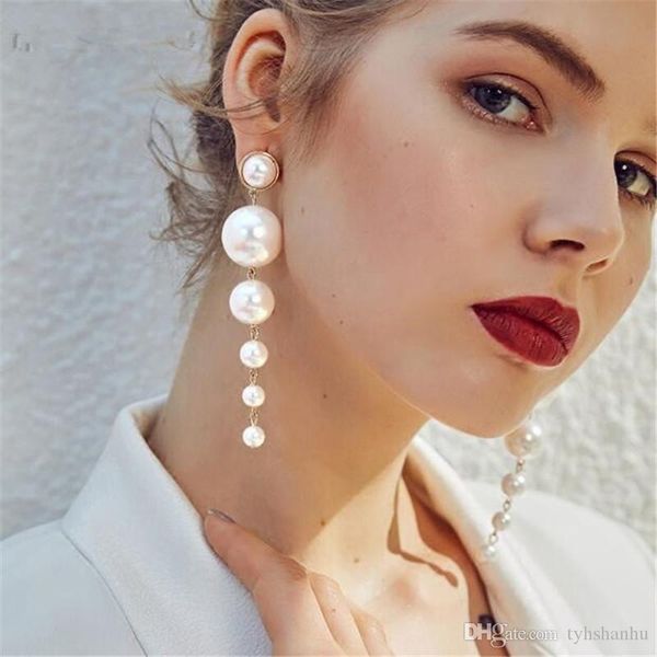 

new trendy elegant created big simulated pearl long earrings pearls string statement dangle earrings for wedding party e2335, Golden