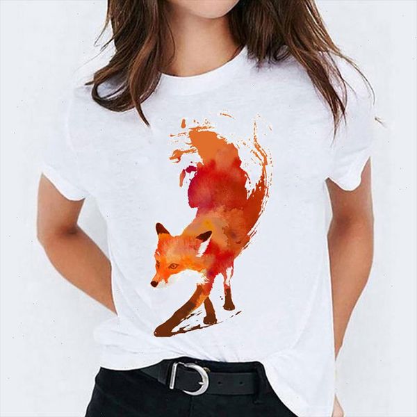 

t shirts for women fox watercolor animal printing 90s casual print lady womens graphic t shirt ladies female tee shirt, White