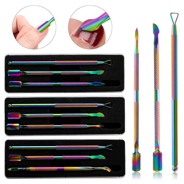

rainbow stainless steel nail cuticle pusher tweezer nail art files uv gel polish remove manicure care groove clean tool