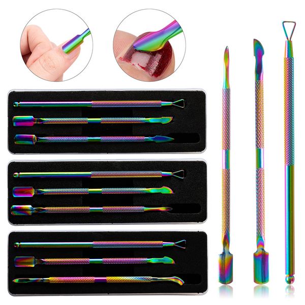 Arco-íris Aço Inoxidável Prego Cuticle Pusher Tweezer Nail Art Arquivos UV Gel Polonês Remover Manicure Care Groove Ferramenta Limpa