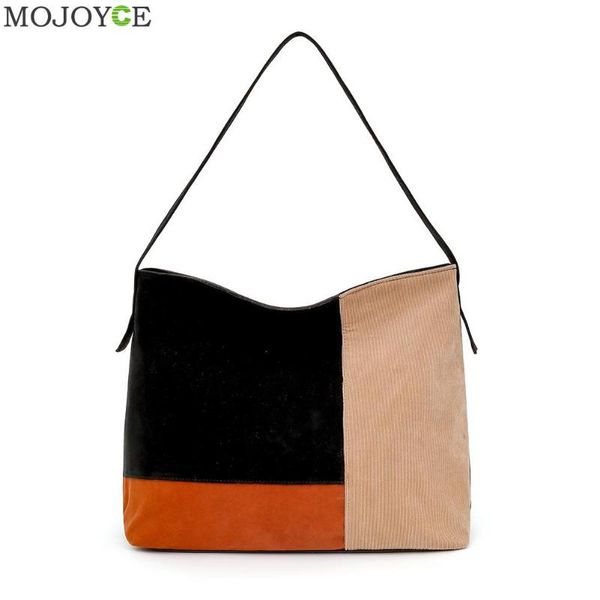 

women pu leather corduroy shoulder bags hit color handle large totes bags personality color stitching ladies messenger bag