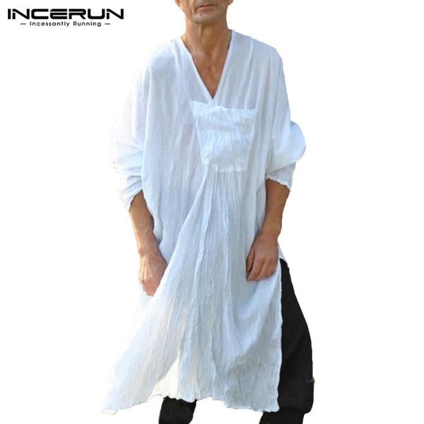 

incerun men shirt long sleeve solid color v-neck kaftan long blouse thin men ladies islamic muslim clothes shirts plus size, White;black