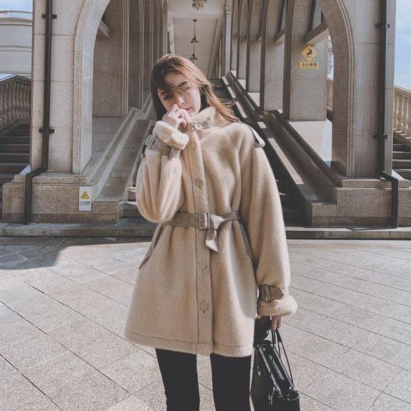 

real sshort woolen overcoat women 2021 new korean loose and versatile small waist lace up woolen jacket, Black