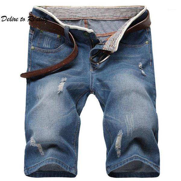 

mens distressed ripped short jeans knee length motorcycle blker straight pants fashion designer 5081, Blue