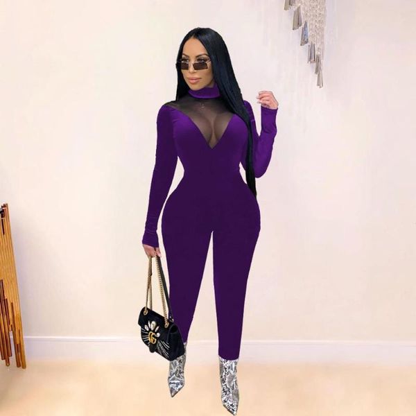 

women's jumpsuits & rompers vavcy 2021 autumn velvet + mesh night club warmth, Black;white