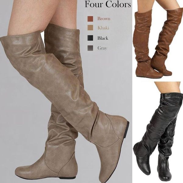 

boots lasyarrow over the knee women pu elastic female round toe shoes concise flat autumn winter 2021 plus size 481, Black