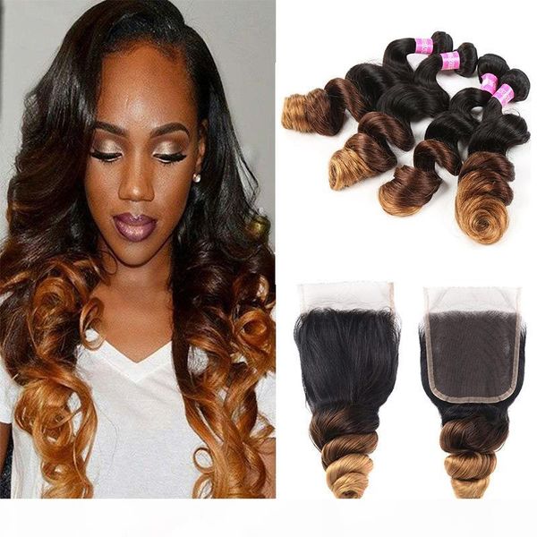 

colored brazilian ombre dark brown human hair bundles with closure three tone 1 4 30# loose wave blonde hair weave with lace closure, Black;brown
