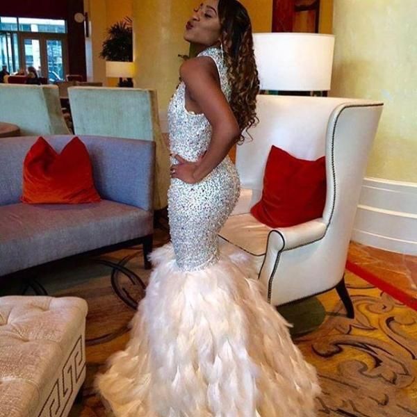 

party dresses 2021 stunning sequined feather prom long rhinestones beaded high neck formal gowns floor length evening pageant dress, White;black