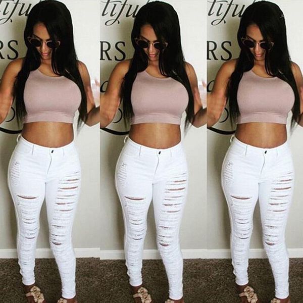 

2020 fall skinny jeans women denim pants holes destroyed knee pencil pants casual trousers black white stretch ripped jeans1, Blue