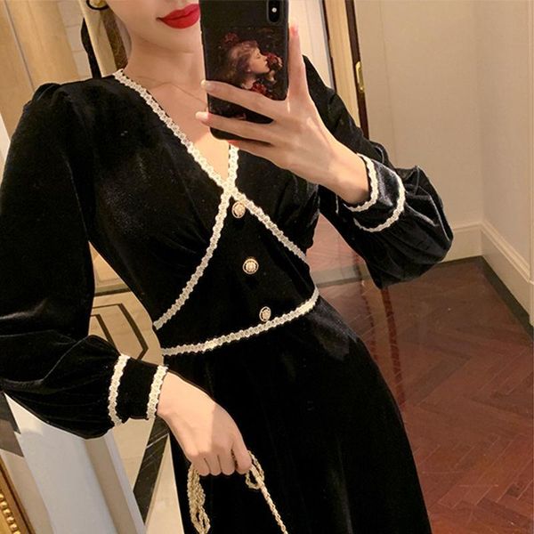 

black vintage dress women elegant lace patchwrok party midi dress female slim hepburn style korean designer women 2021 new, Black;gray