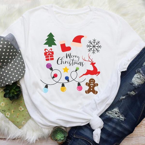 

women cartoon deer snowflake new year 90s holiday merry christmas print lady female graphic tees clothes t shirt t-shirt, White