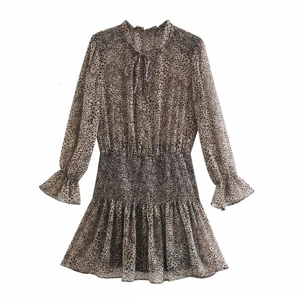 

2021 new woman animal print chiffon mini dress women long sleeve ruffle high collar leopard elastic ruched laddies dresses enqi, Black;gray