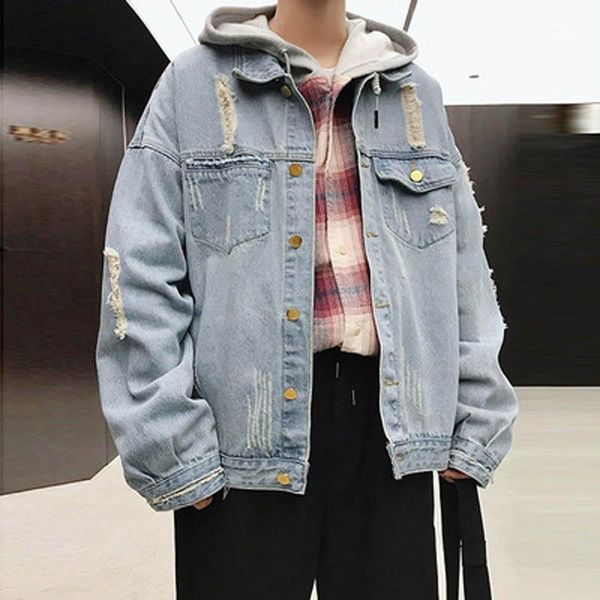 

wholesale 2021 patch denim jacket male ripped plus fertilizer loose teenagers fat japanese autumn winter handsome street coat1, Black;brown