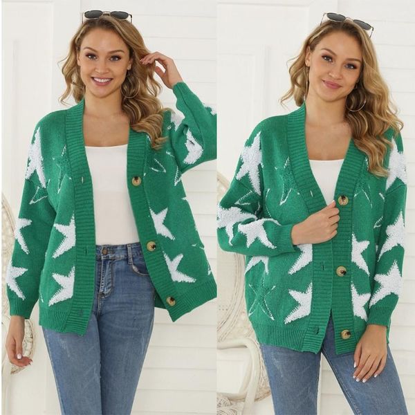 

women knitted loose sweater fashion star pattern long sleeve v-neck button cardigan open front autumn sweater coat1, White