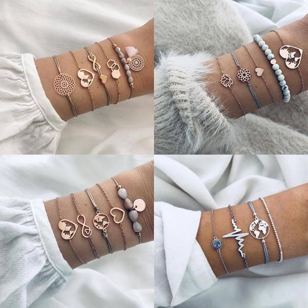 

charm bracelets famshin 5 pcs/set boho fashion heart map geometric beaded tassel rope gold bracelet set women party wedding jewelry gifts, Golden;silver