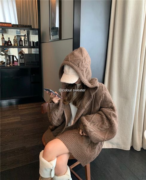

с капюшоном твист кардиган куртка женская топ sweatersweater свитер осень зима 2019 новый длинный рукав ленивый утолщенной свободно вязать т, White;black