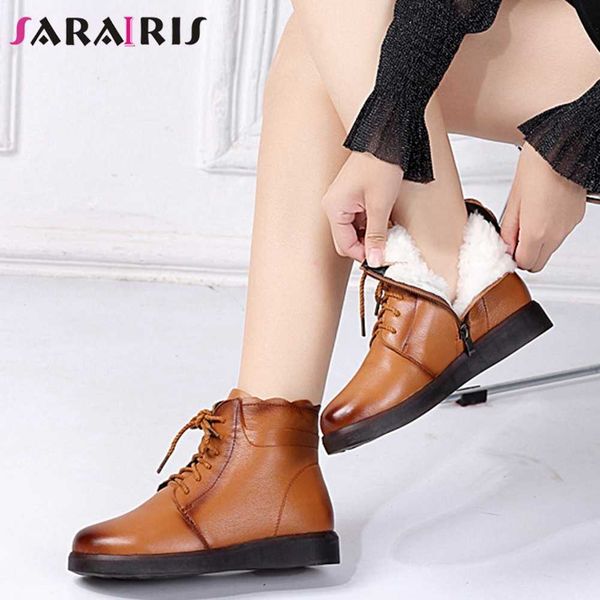 

boots sarairis genuine leather female warm fur comfort winter snow women round toe cross tied zip flat with shoes woman, Black