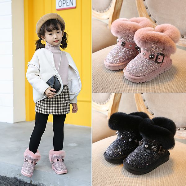 

winter new 1-8 -15 year old school soft bottom anti slip warm cotton girl' short boots rabbit' hair rhinestone rivet, Black;grey
