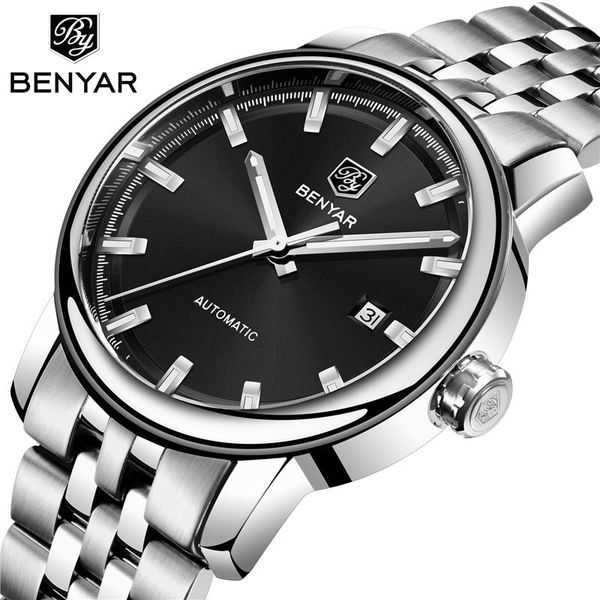 

benyar brand men fashion automatic watch luxury waterproof stainless steel mechanical wrist watch man relogio masculino, Slivery;brown