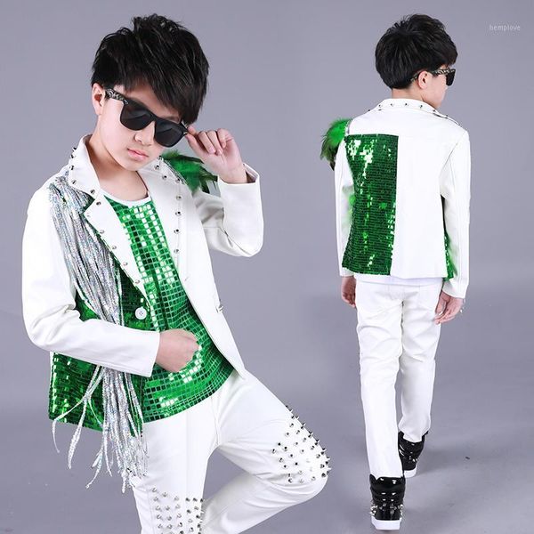

hip hop costumes kids green sequined vest silver tassel coat boys street dance clothes jazz stage outfit performance wear dn49771, Black;red