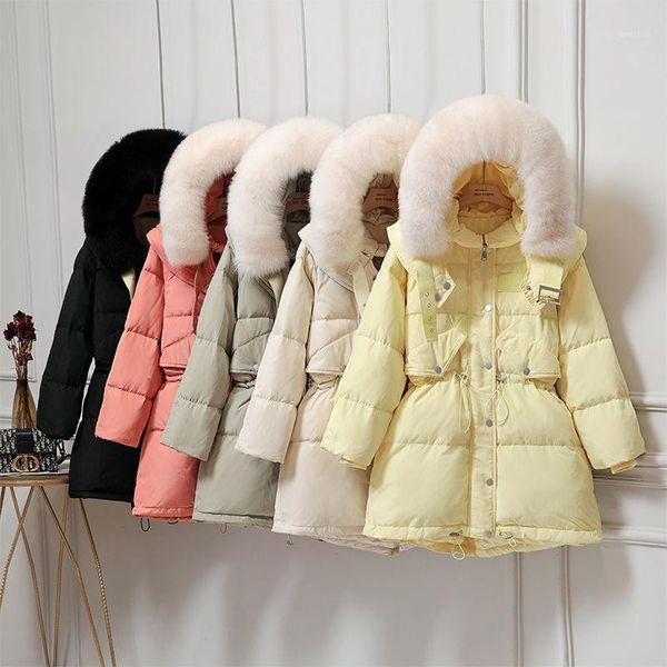 

2020 new winter women korean real fur collar hooded coats female elastic waist white duck down oversize mid-long parkas s1821, Black